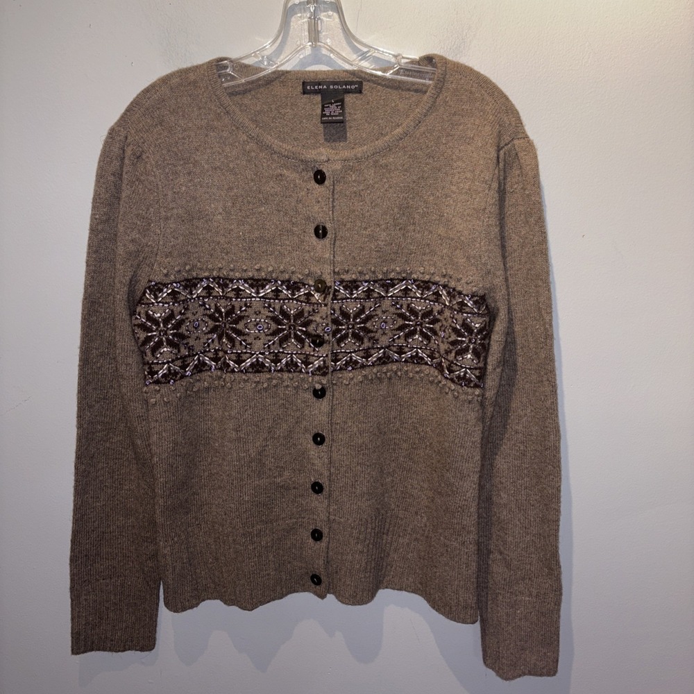 Elana Solano Brown Lambswool‎ Cardigan Fair Isle Women's Size L